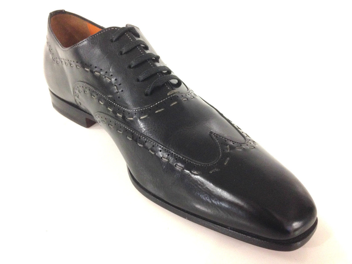 SCARPE UOMO SANTONI FRANCESINA DUILIO FILATA IMPUNTURATA NERA FATTA A MANO 46