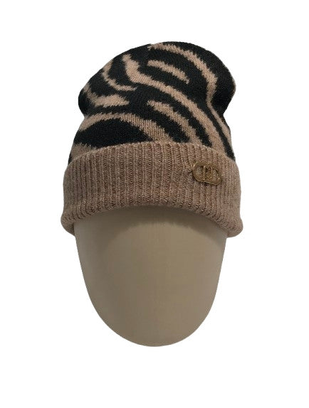 Berretto Liu jo donna logo motivo zebrato nero/cammello C26LJ11 2F5007 M0300 09N37