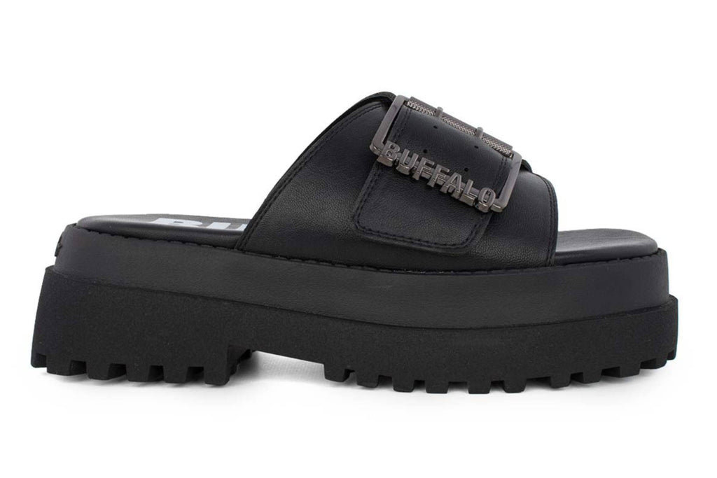 Slipper donna Buffalo Pluto Slide Buckle ecopelle vegan nero DS26BF01 BN1602333