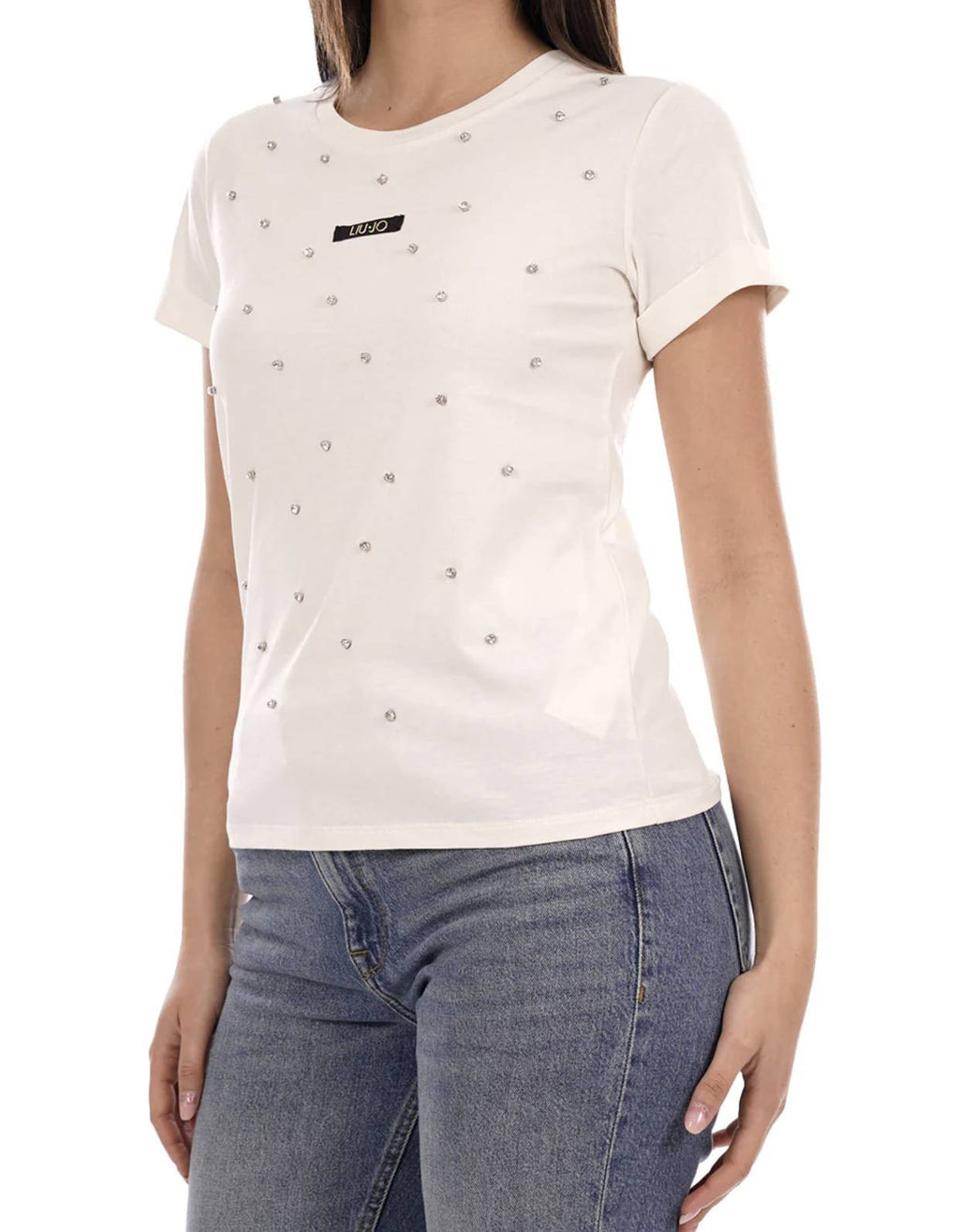 T-shirt donna Liu Jo white milk strass ES26LJ43 TA6157 JS923 M9223