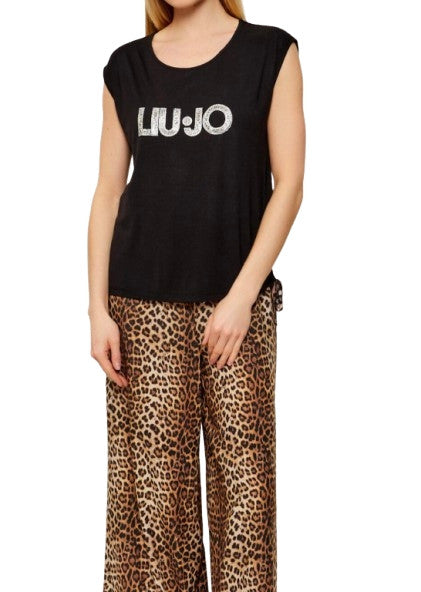 T-shirt donna Liu Jo nero/animalier ES26LJ51 VA6047 JS360 Y9908
