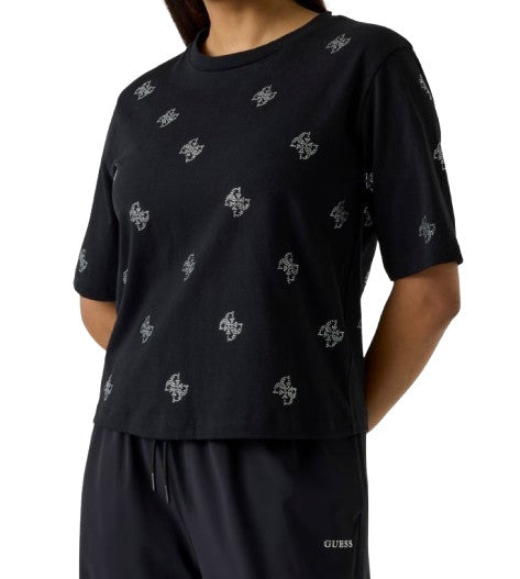 T-shirt donna Guess con strass logo 4G nero ES26GU70 V6GI18K2985 JBLK