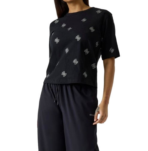 T-shirt donna Guess con strass logo 4G nero ES26GU70 V6GI18K2985 JBLK