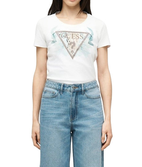 T-shirt donna Guess con logo flowers bianco ES26GU76 W6GI12K3027 G011