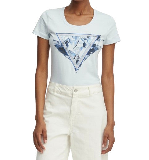 T-shirt donna Guess con logo strass celeste ES26GU78 W6GI11K3026 A719