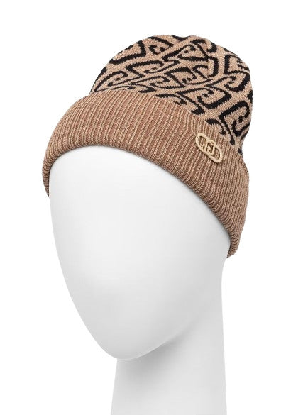 Berretto Liu jo beanie jacquard cammello/ nero con logo monogram C27LJ34 2F6017 M0300 00417